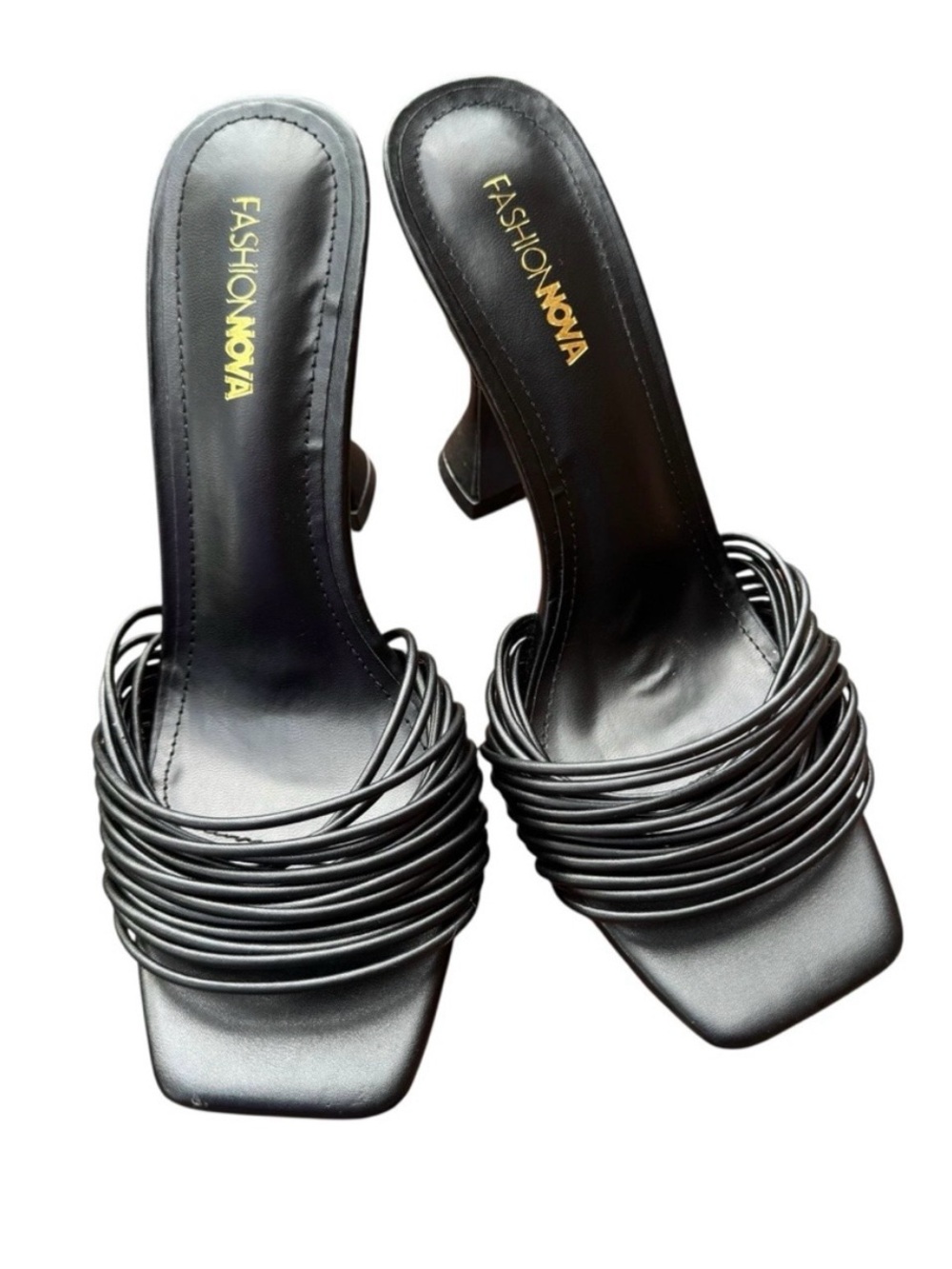 FASHION NOVA Hillary Black Multi Strap Strappy Sculptural Heel Sandals Size 8.5 - Picture 3 of 7